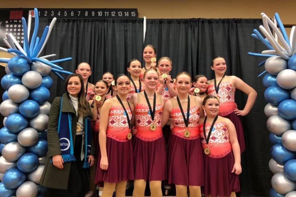 Maddison Turnbull, bottom right, who lives near Bergen and this season joined the Carstairs Skating Club, won a gold medal this weekend during the Central Region STARSkate Invitational in Sylvan Lake.
Submitted photo