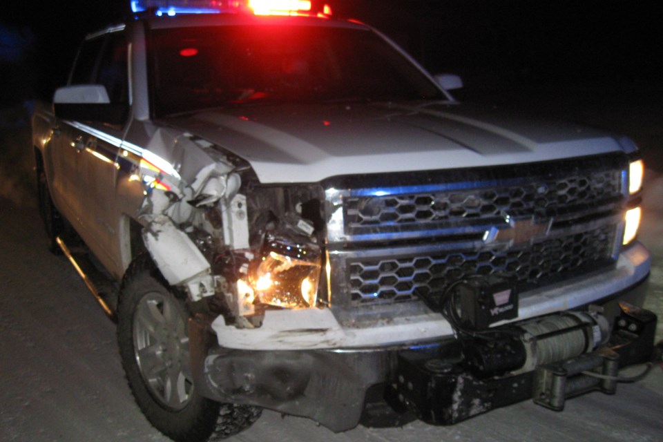 A police cruiser from the Sundre RCMP detachment sustained damage after a suspect attempting to flee rammed the vehicle. Neither the officer involved nor the accused were injured. A male and female from Red Deer were arrested and charged. 
Courtesy of Sundre RCMP
