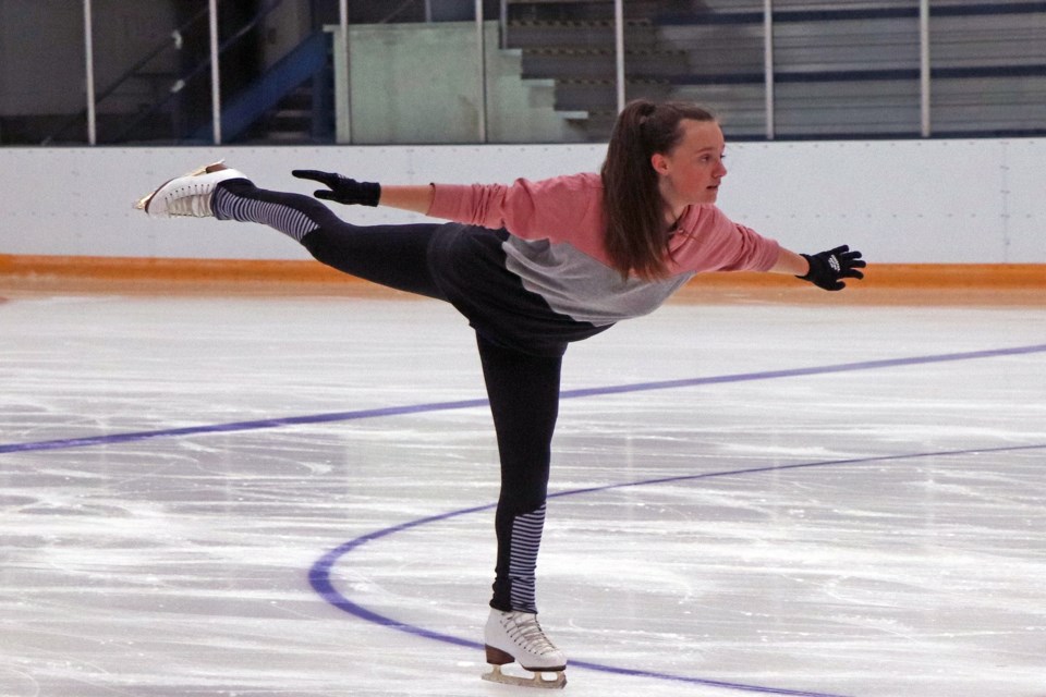 Claira Sinclair of the Innisfail Skating Club was practising her skills on Sept. 14, the first day of the reopening of the Innisfail Arena. Johnnie Bachusky/MVP Staff