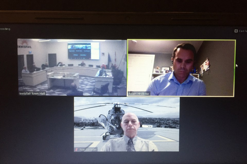 The online public engagement session last week into the future of Innisfail's heliport featured a lengthy presentation from consultant Ron German, bottom, and feedback from local stakeholders such as Dr. Adam Hrdlicka, right.  Johnnie Bachusky/MVP Staff
