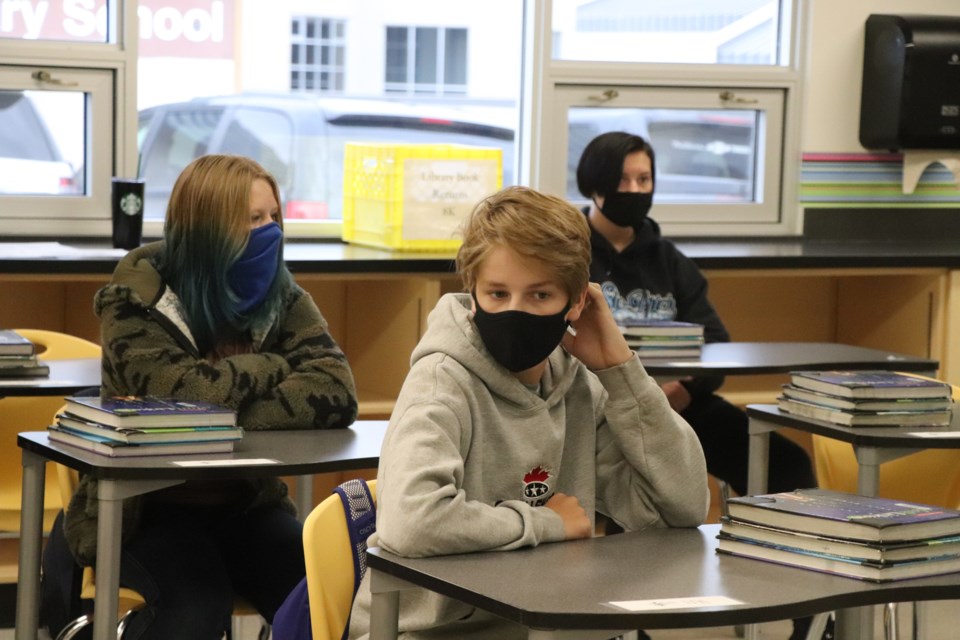 Students at Innisfail's St. Marguerite Bourgeoys Catholic School finally make it to their first traditional class on Aug. 31 since being shut down last March from the COVID-19 pandemic. Johnnie Bachusky/MVP Photo