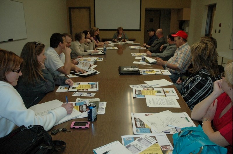 Sundre chamber members discuss town business during last week&#8217;s monthly meeting at the Sundre Community Centre.
