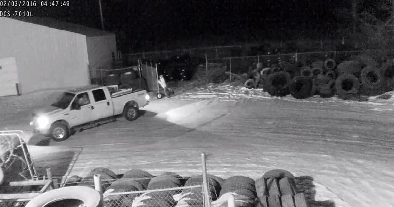 In the early morning of Wednesday, Feb. 3, two suspects drove a white Ford Superduty truck through the locked gates of the fenced compound at the Fountain Tire in Sundre.