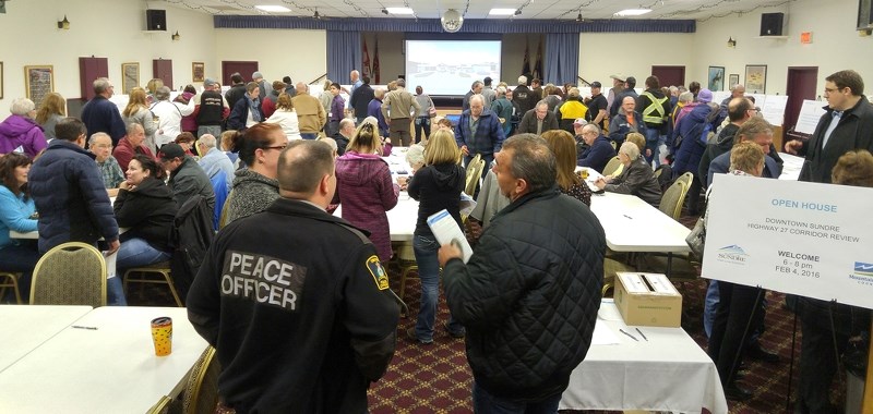 The Sundre Legion was a busy place on Thursday, Feb. 4 during a public information session outlining proposed options to make the Main Avenue corridor through downtown safer. 