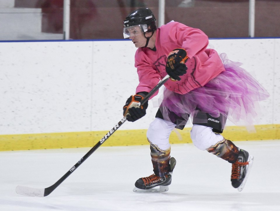 TWINKLE TOES ó Greg McMullen got dressed in a tutu along with 16 other Sundre Minor Hockey Association coaches during a friendly exhibition game against the midget Huskies at 