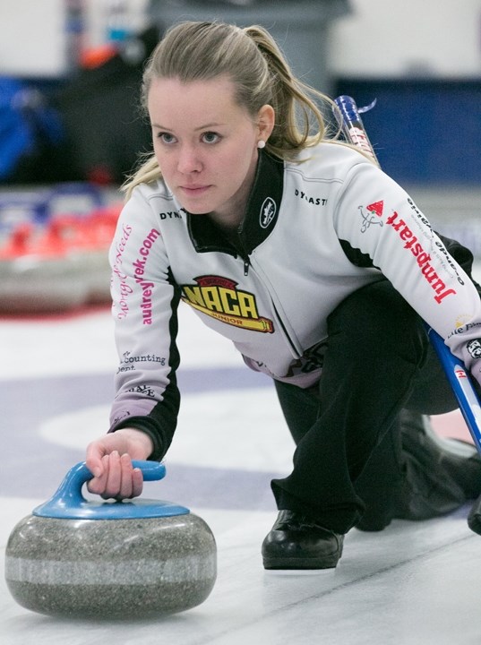 Rebecca Allen delivers a rock during the Alberta Junior Curling Tour Skins Invitational tournament at the Sundre Curling Club on Saturday, Feb. 18.