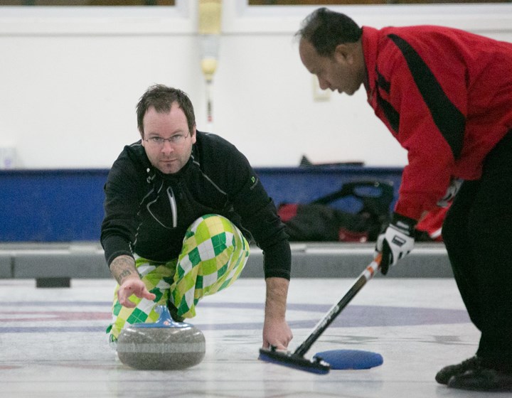 Kyle Turner delivers a rock during the Oilmen&#8217;s bonspiel at the Sundre Curling Club on Saturday, March 4.
