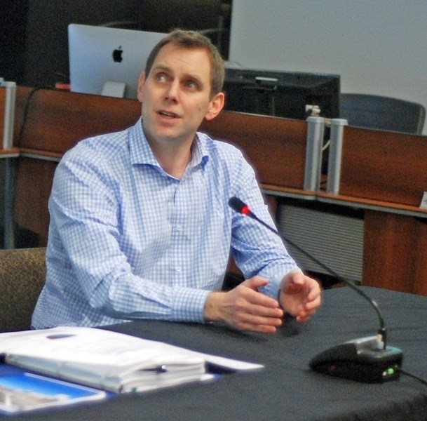 Stuart Richardson, Alberta Transportation infrastructure manager, outlines to council during its April 24 meeting plans to roll out the trial mini roundabout Main Avenue