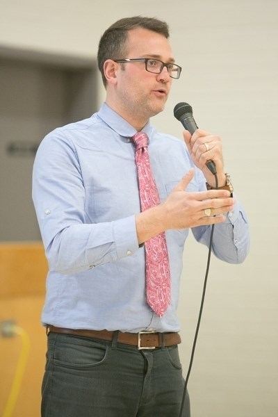 Jonathan Allan, Town of Sundre economic development officer, gives a presentation during a broadband community consultation at the Sundre Community Centre on May 9.