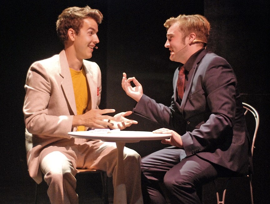 Dan Corbett, left, and Matt Dale rehearse last Thursday evening at the Sundre Arts Centre their roles in a scene of the upcoming irreverent musical farce called Dirty Rotten