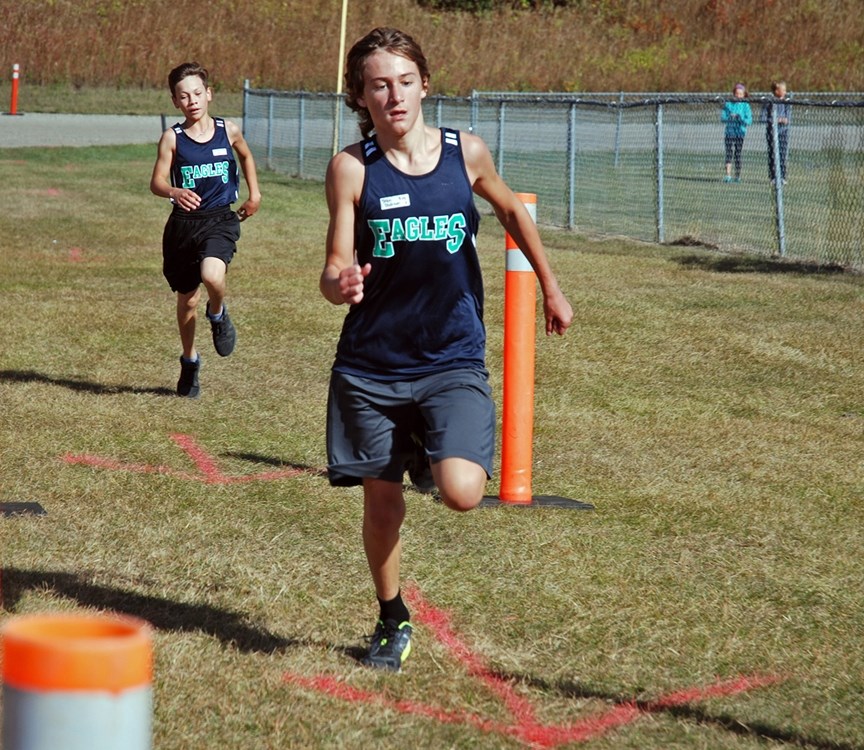 River Valley School hosted the annual county-wide fun run last week. Pictured here about to cross the finish line behind the school after trekking along Snake Hill on