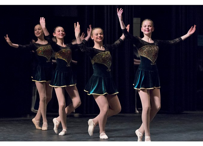  From left: Ava Fricker, from Sundre; Sydney Mix, from Olds; Alli Jackson, from Sundre; and Hannah Turnbull, from Olds perform Irish Jig during the intermediate character ballet groups section.