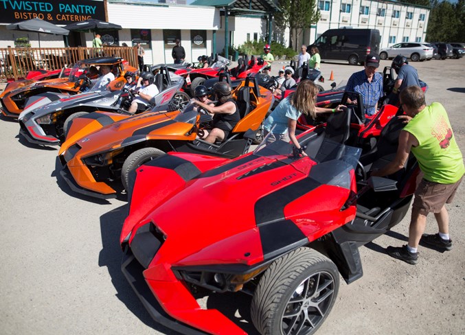  Riders get ready to take off from the Twisted Pantry on Friday to head over to the Airdrie Airport for drag races.