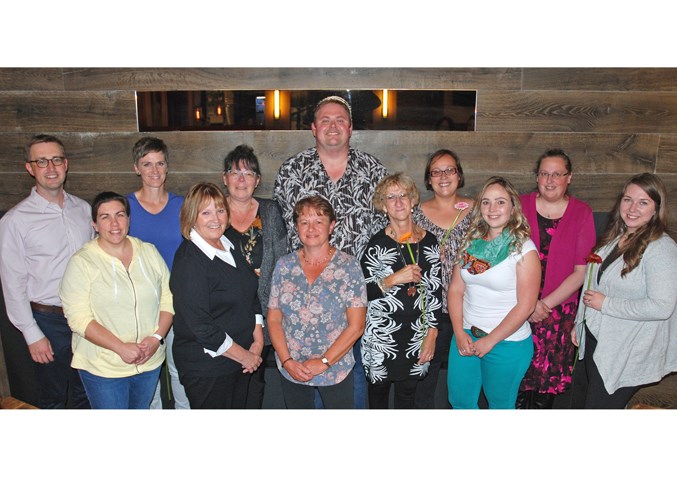  Back row, from left: Dr. Jonathan Somerville, Shari Leedahl, Susan Myette-Rath, Andrew Wilson, Sandy Pomber, and Jolene Haugen. Front row, from left: Erin Wilson, Heather Aldrich, Judy Gorrill, Mary Brisebois, Jacey Villeneuve, and Shannon Fankhauser. The health-care professionals were among more than 20 who were recently recognized for reaching major career milestones ranging from five to 40 years.