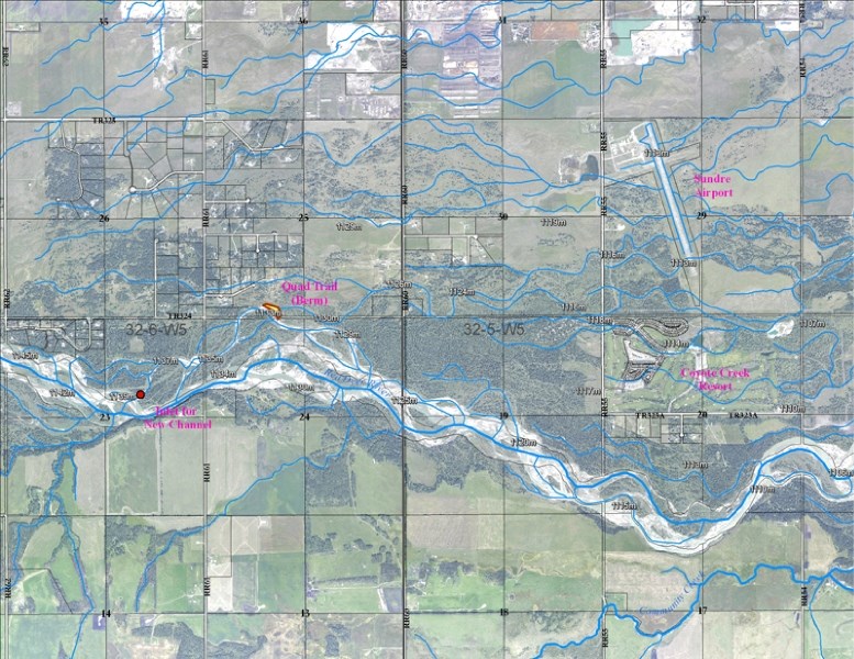 Map showing the area where the Red Deer River changed course upstream of Sundre.