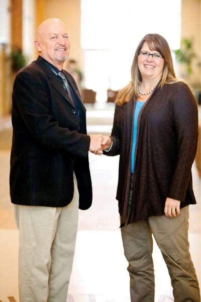 Newly appointed reeve Bruce Beattie and deputy reeve Patricia McKean in the foyer of the county building during a break in last Wednesday&#8217;s meeting.