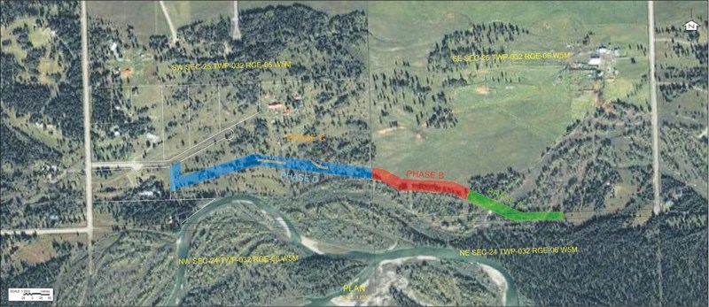 Map showing four stages of planned berm for north bank of new channel of the Red Deer River upstream of Sundre. First stage appears in green.