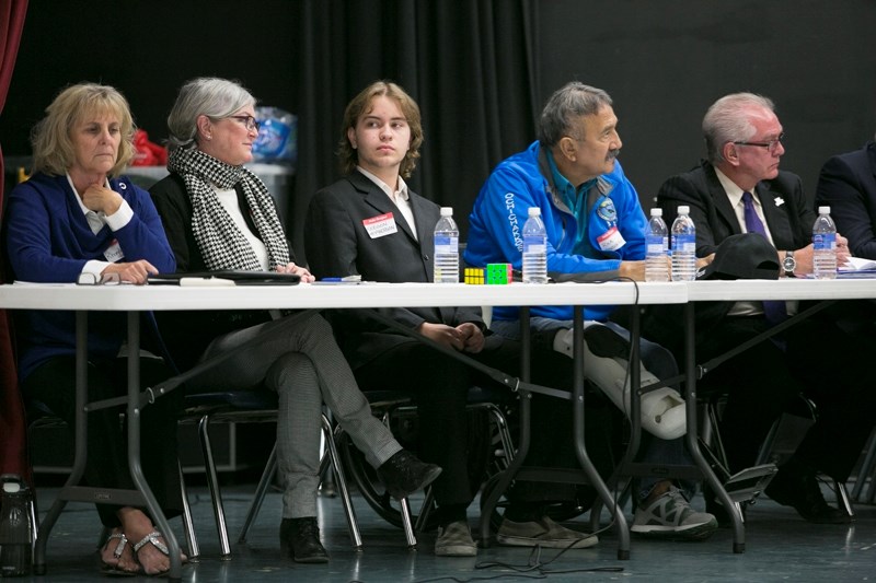 Didsbury mayoralty candidates (left to right) Rhonda Hunter, Joyce McCoy, Keegon McPherson, Rick Mousseau and Norm Quantz take part in the Oct. 4 forum at the Didsbury