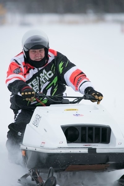 Robert Hope speeds down the track during the 2nd annual Bergen Red Neck Sled Drags on Jan. 16. He finished third overall in the Classic Vintage class.