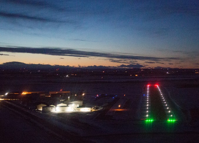 An aerial view of the Olds-Didsbury Airport&#8217;s new LED runway lights on Dec. 12.
