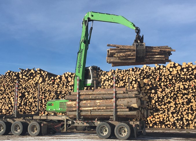 A crane operator unloads and stacks trees at Sundre Forest Products.