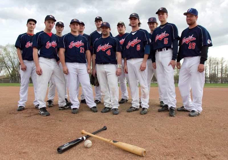 Players from the Innisfail Indians pose for a team photo during one of their first practices of the season last Friday night.