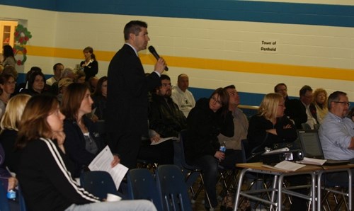 Sylvia Cole/Innisfial Province&lt;br /&gt;Ray Hoppins, associate superintendent of Chinooks Edge School Division, leads the discussion on the new school scheduled to open in