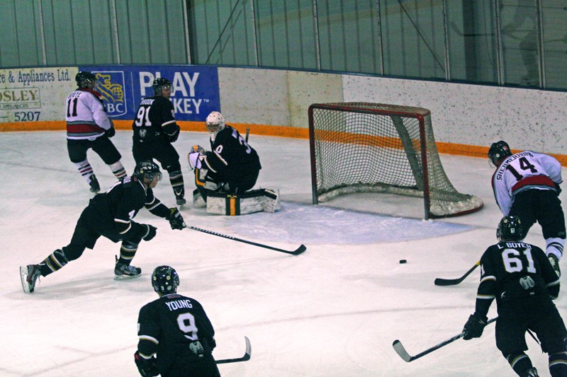 Dan Shermerhorn puts the game out of reach for the Eagles over the Sylvan Lake Admirals, knocking in the fifth for the birds of prey.