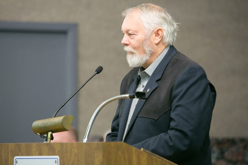 Don MacIntyre addresses the crowd at the Rural Crime Town Hall in Innisfail on Jan. 27. He resigned as MLA for the riding of Innisfail-Sylvan Lake on Feb. 2.