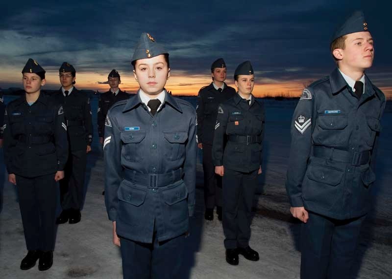 Members of the Penhold No. 7 Air Cadets Precision Drill Team conduct a drill routine outside their base at the Red Deer Regional Airport on Tuesday, March 15.
