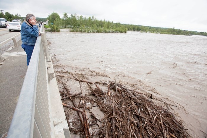 Trees pile up against one of the Highway 27 bridge supports on the east side of Sundre on June 20.