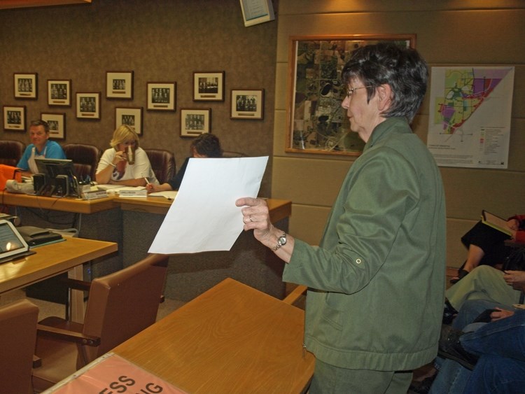 Jean Bennett, publicity director for the Innisfail Senior Drop-In Centre, makes a presentation to town council on June 24 for the group&#8217;s need for new washrooms at the