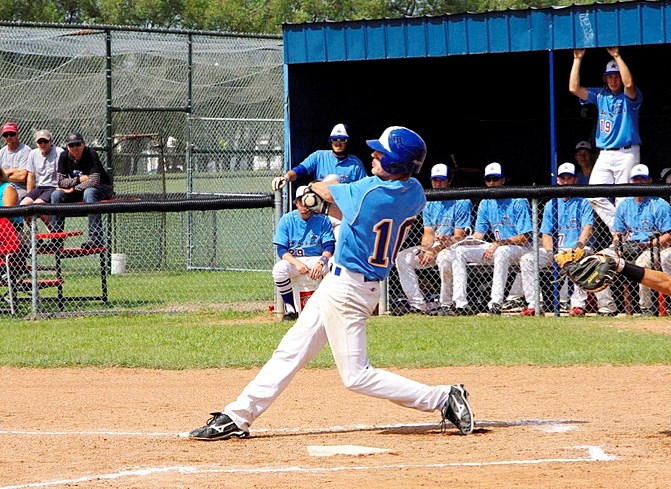 The Merchants Riley Wik with a big swing at the plate at last year&#8217;s Western Canada Baseball Association Junior AAA Championships in Innisfail.