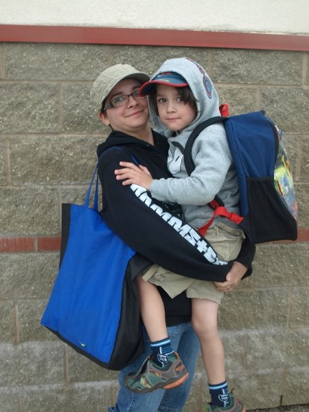 Michelle Annett with her five-year-old son Valentino prepare for the first day of school last week.