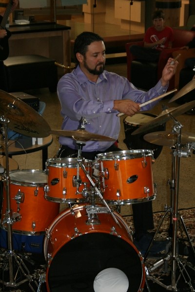 Colombian drummer Carlos Copaban demonstrated a wide variety of instrumental techniques at the Keep Calm and Drum On clinic to library patrons in Innisfail on Oct. 19.