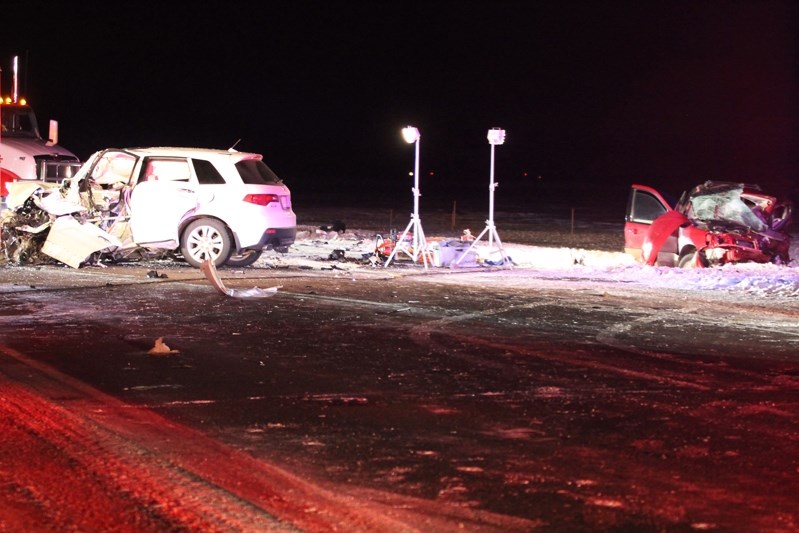 Three people, including a woman from Olds, were killed and four others were taken to hospital with injuries as a result of a crash on Highway 27 east of Olds between this