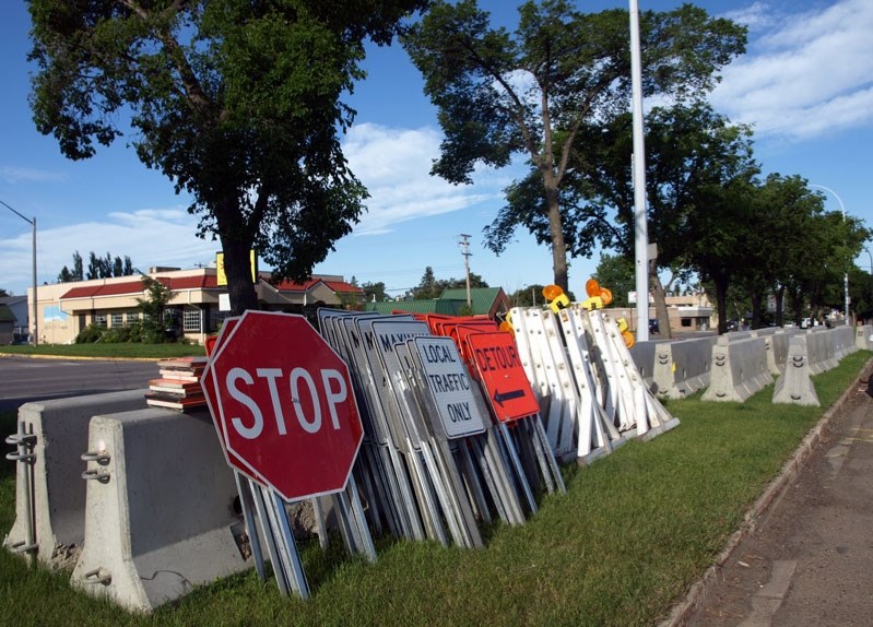 Signs of the upcoming downtown revitalizaton await deployment by the Town of Innisfail for construction.