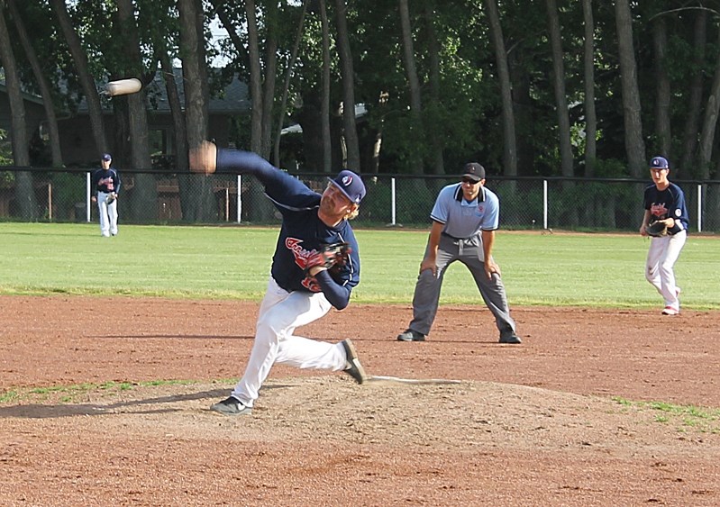 Innisfail Indians Jay Kirkham throws a pitch against the Irricana Canadians on July 4 at their home diamond.