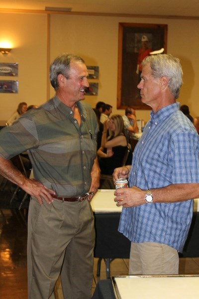 Brian Sutter chats with Rich Preston at the inaugural Innisfail Eagles Sportsman Dinner held on July 23 at the Innisfail Royal Canadian Legion.