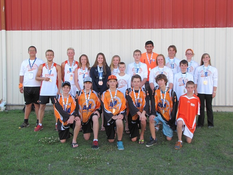 nnisfail athletes show off their Summer Games hardware. From left to right back: Matthew Gabert, Brayden Posyluzny, Connor Sinnamon, Emily Lucas, Faith Gette, Kelly Eggink,