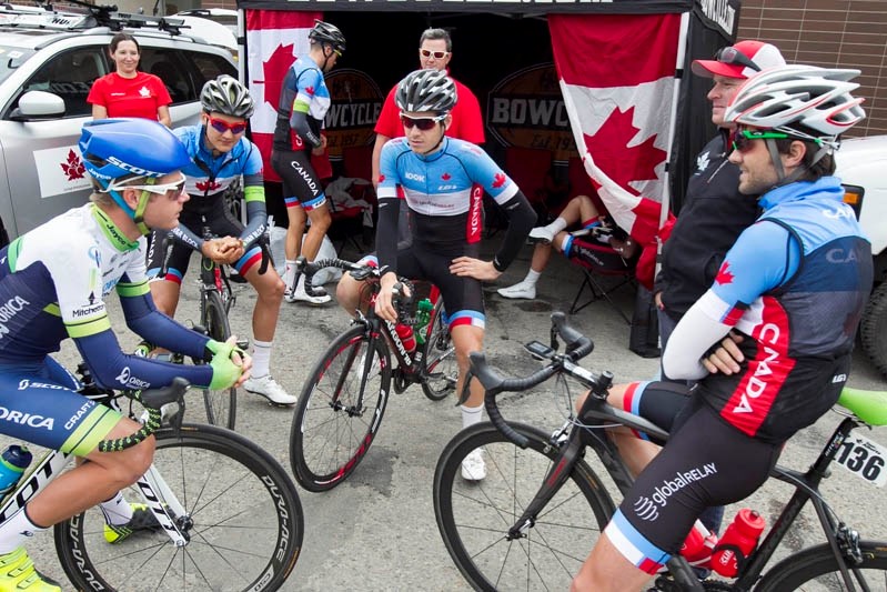 Cyclists wait for the start of the Innisfail stage of the Tour of Alberta.