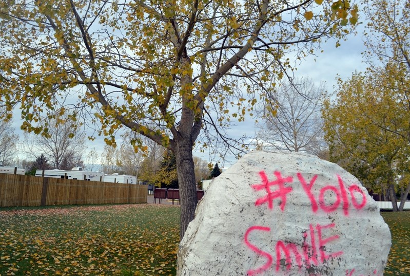 A decorative rock near the entrance of Westwood Court Mobile Home Park was vandalized with spray paint on Sept. 25, along with fences and assorted sheds.