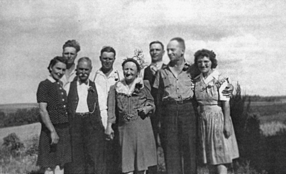 Charles and Annie Boyden&#8217;s 50th Wedding Anniversary in 1944. Back row: Dick, Ed and Hap. Front row: Ethel, Charles, Annie, Bill and May.