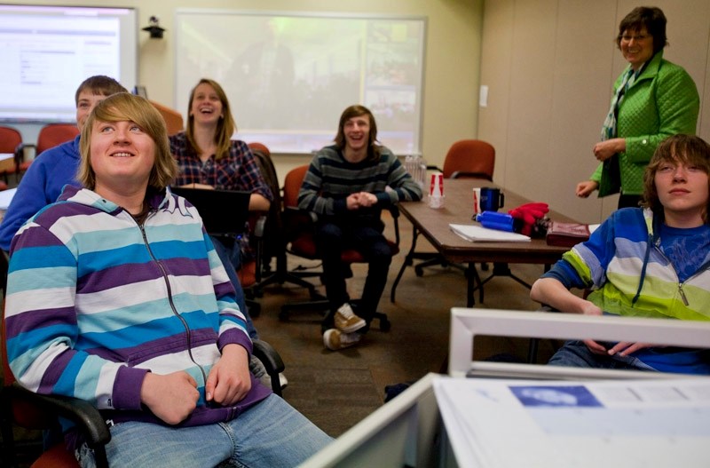 From left to right Logan Bullock, Chase Gerber, Catherine Brown, Sam McInnis, Jan Skaluba and Michael Moroz participate in an online video conferencing event at the Bell