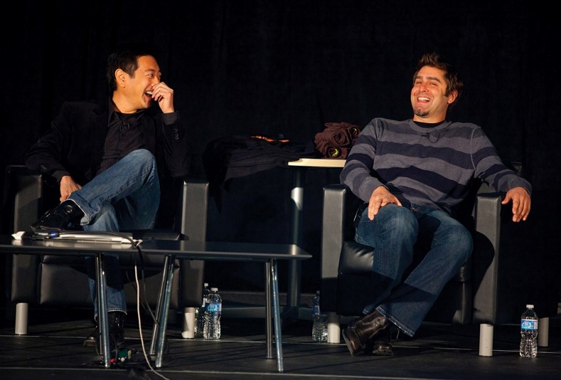 Grant Imahara, left, and Tory Belleci share stories about their experiences as MythBusters to a crowd of 700 people at the Ralph Klein Centre on Mar. 13.