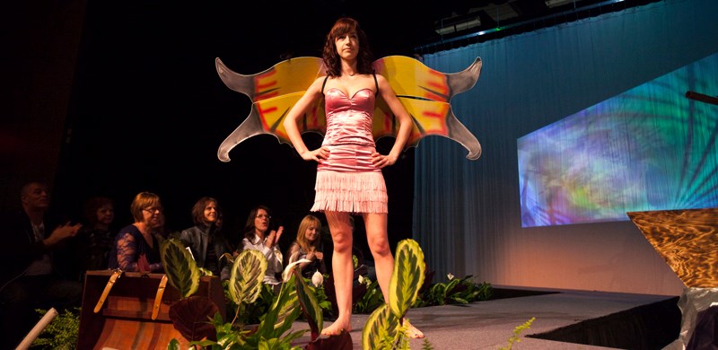 A model shows off a pink corset and pink fringed shirt designed by Olds College student Brianna Maryon at the &#8220;Walk the Plank&#8221; fashion show at the TransCanada