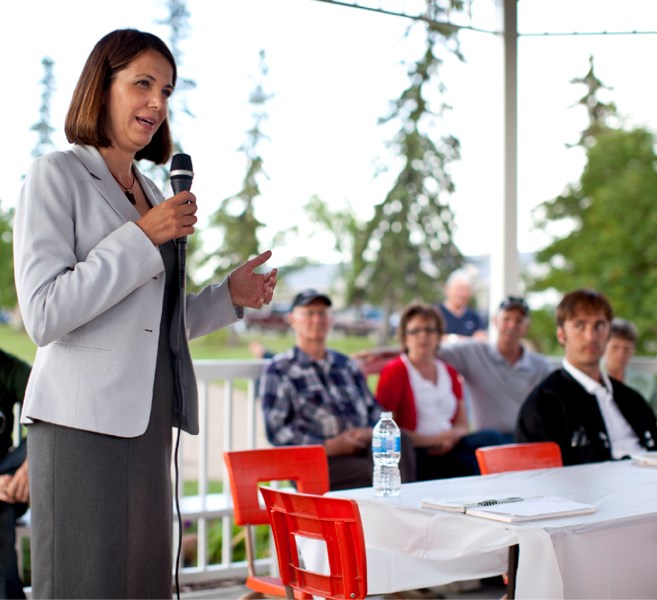 Danielle Smith speaks to a group of supporters at Centennial Park last Friday.