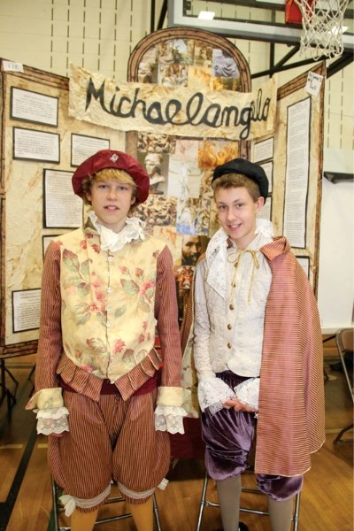 Baylen Unger and Spencer Bearchell willingly put on lace shirts and tights to show how Michelangelo would have been dressed during his life.