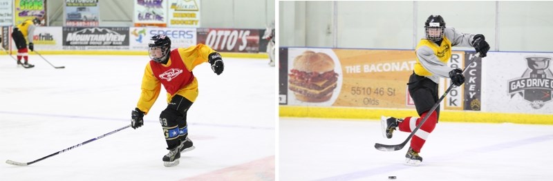 Alayna Wagstaff, 13, (left) and Paige Grenier, 14, practised in Olds on Jan. 25 with the Zone 2 girls hockey team that is going to the Alberta Winter Games. The girls made