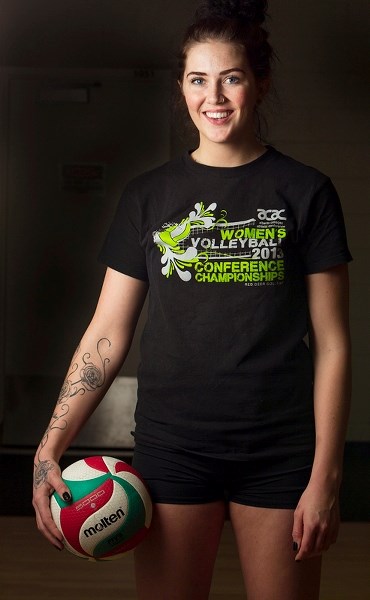 Olds College Broncos volleyball player Dakota Wilson at the school on Feb. 19. Wilson led the ACAC in total blocks this season.